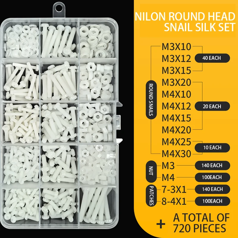 720pcs/box M3/M4 White Nylon Screw Nut Set Metric Threaded Plastic Phillips Pan Head Cross Round Bolt Plastic Insulated Screw