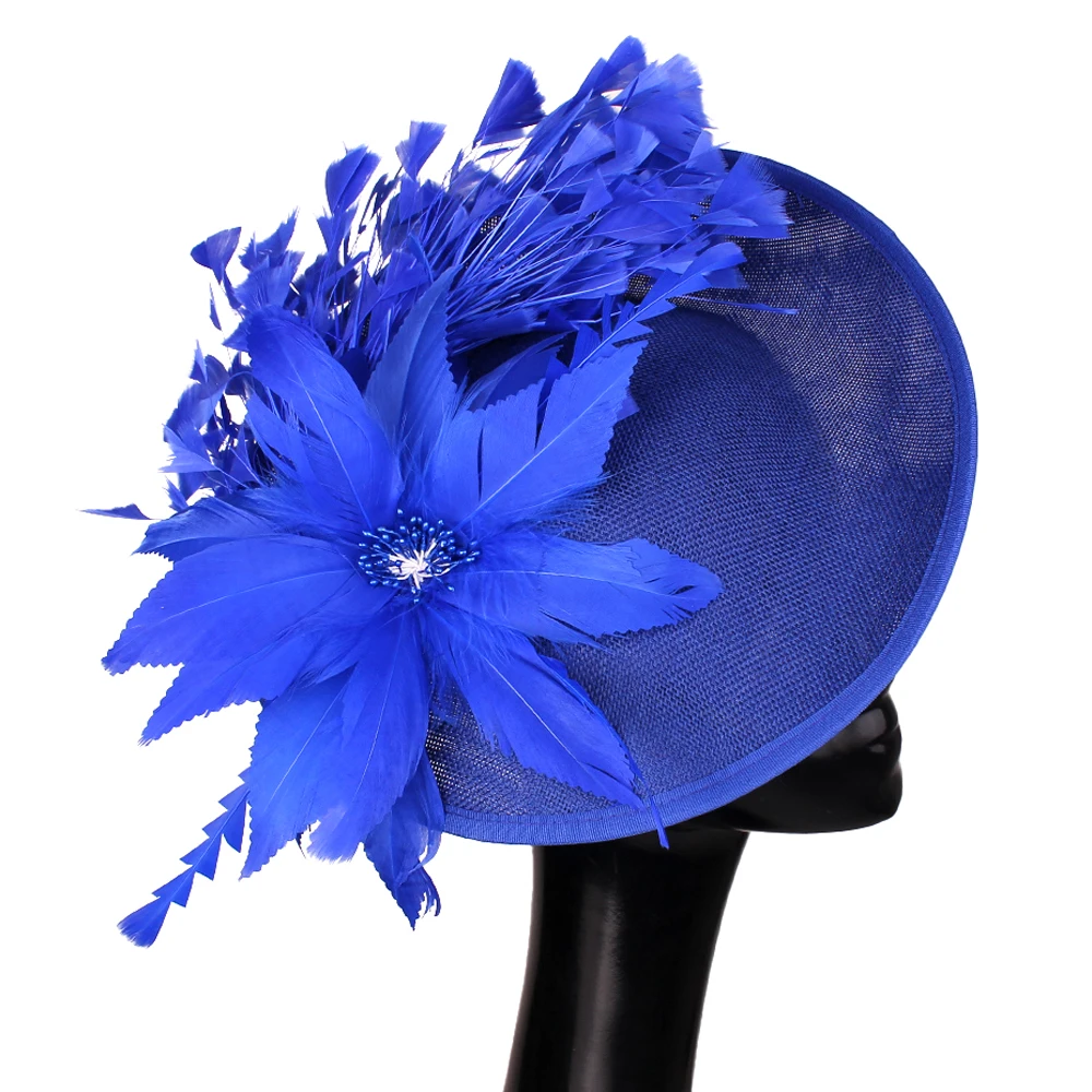 Blue Formal Lady Fascinator Race Big Hat Fedora With Flower Decor Elegant Ladies Women Church Headpiece With Headband Chapeau