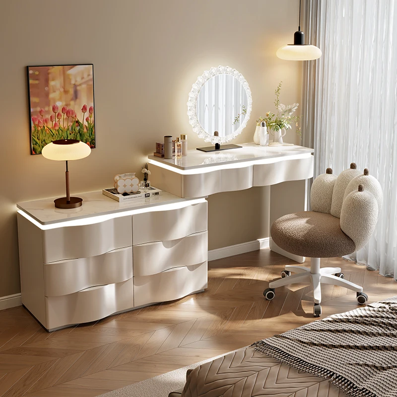 

Luxury Storage Makeup Vanity Desk Glossy Hidden Mirror White Makeup Vanity Desk Modern Europa Komody Master Bedroom Furniture