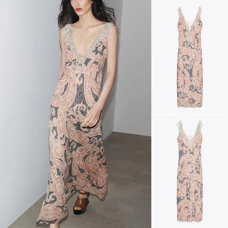 Verão feminino dr em camadas decoração v-ne scela a linha bainha impressão roupa interior sle dr ele cintura alta saia longa