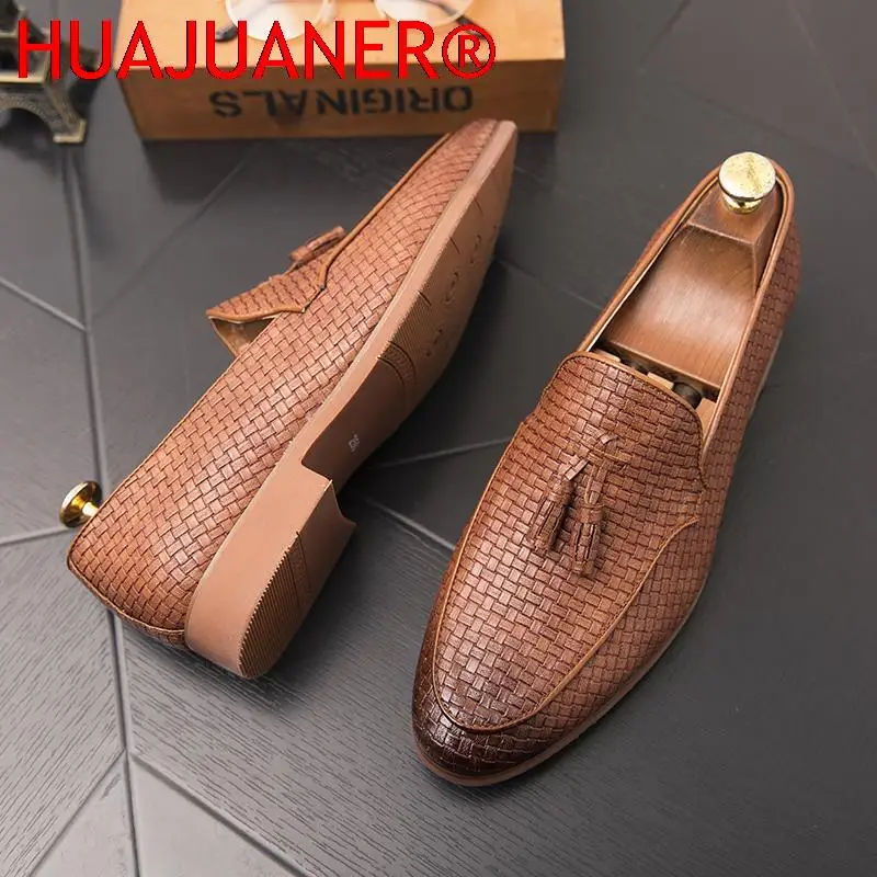 Mens Shoes Casual Leather Loafers Fashion Weave Slip on Formal Shoes Business Bureau Leisure Walk Male Adult Shoes Comfortable