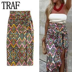 TRAF Knot Long Skirts For Women Fashion 2023 Print Boho Beach Midi Skirt With Slit High Waist Vintage Skirt Woman Summer Skirts