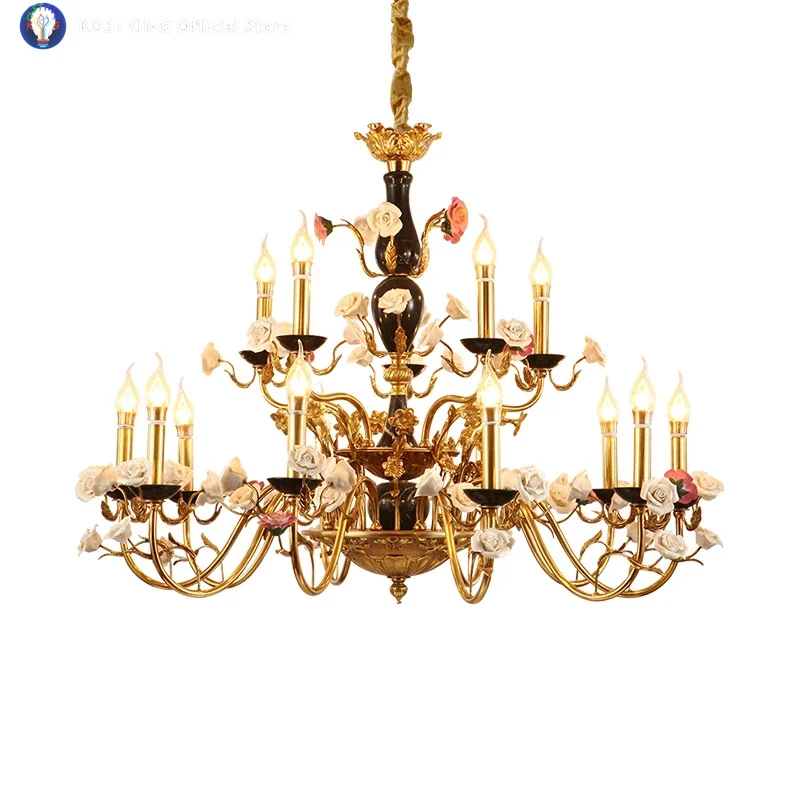 Luxury French Vintage Brass Chandelier With Ceramic Lantern Design, Perfect For Weddings