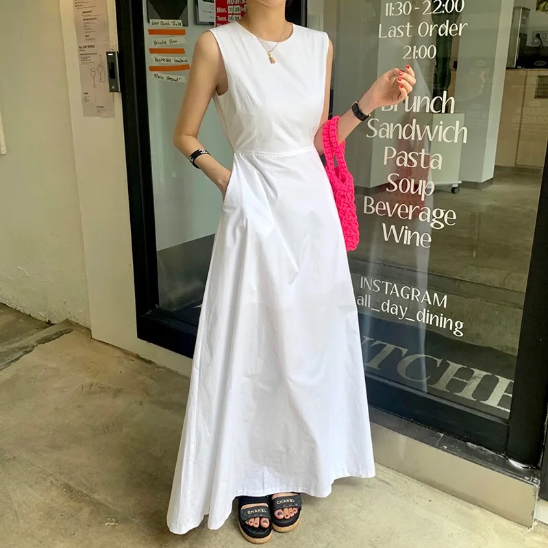 

Korean Style Chic Summer New Vintage Backless Belted Waist Slimming Midi Vest Dress Women Cotton Court Style Inner Wear