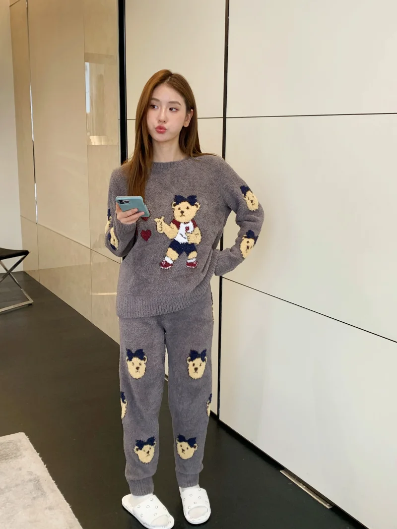 Japanese Kawaii Bear Print Soft Pajama Sets O-neck Pullover Long Sleeve Trousers Homewear Suit Autumn Winter Casual Sleepwear