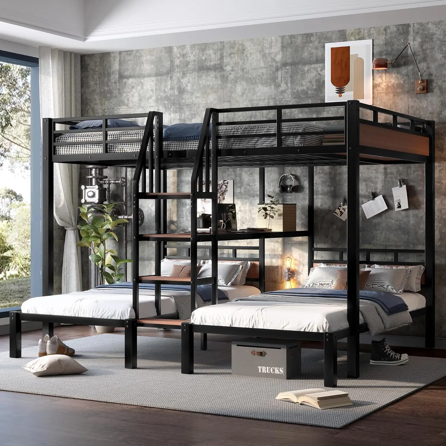Metal Triple Bunk Bed 3-Level Heavy Duty Frame with 2 Ladders Noise Reduced for Kids Adults Queen Over 2 Twin, Customized