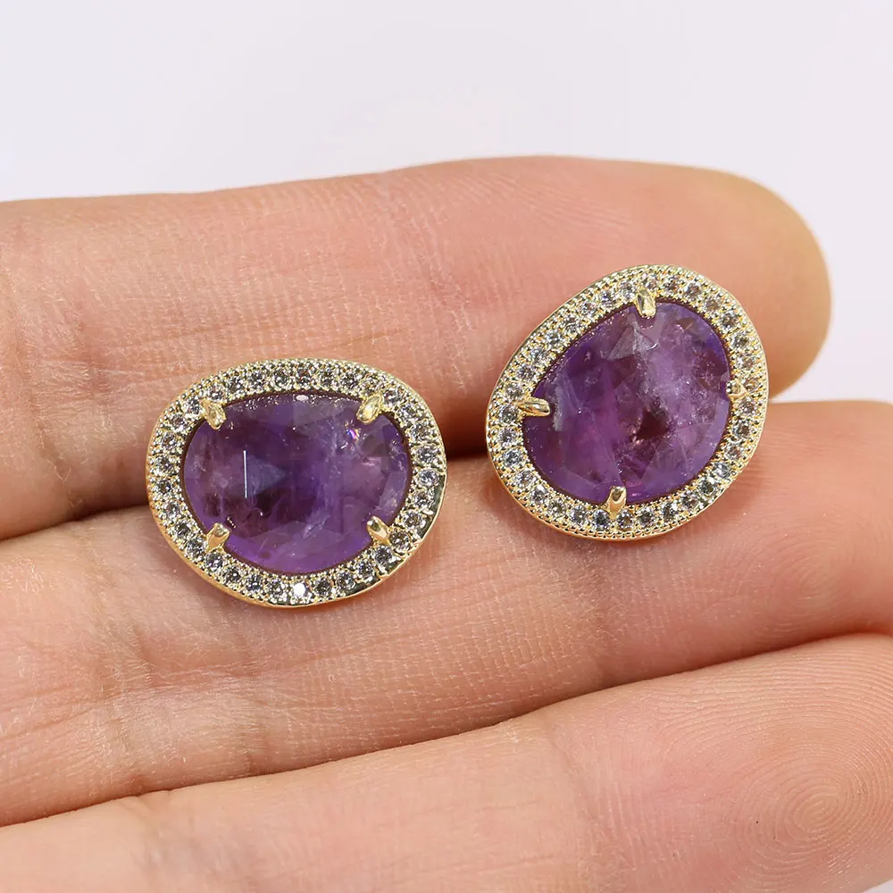 GG Natural Purple Amethyst Faceted Bezel Set Cubic Zirconia CZ Pave Stud Earrings Ear Ring For Lady Girl Simple Gifts