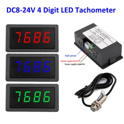 DC8-24V 4 Digit LED Tachometer RPM Gauge Speed Meter with Hall Magnet Sensor NPN Switch for Lathe Conveyor Belt Motor