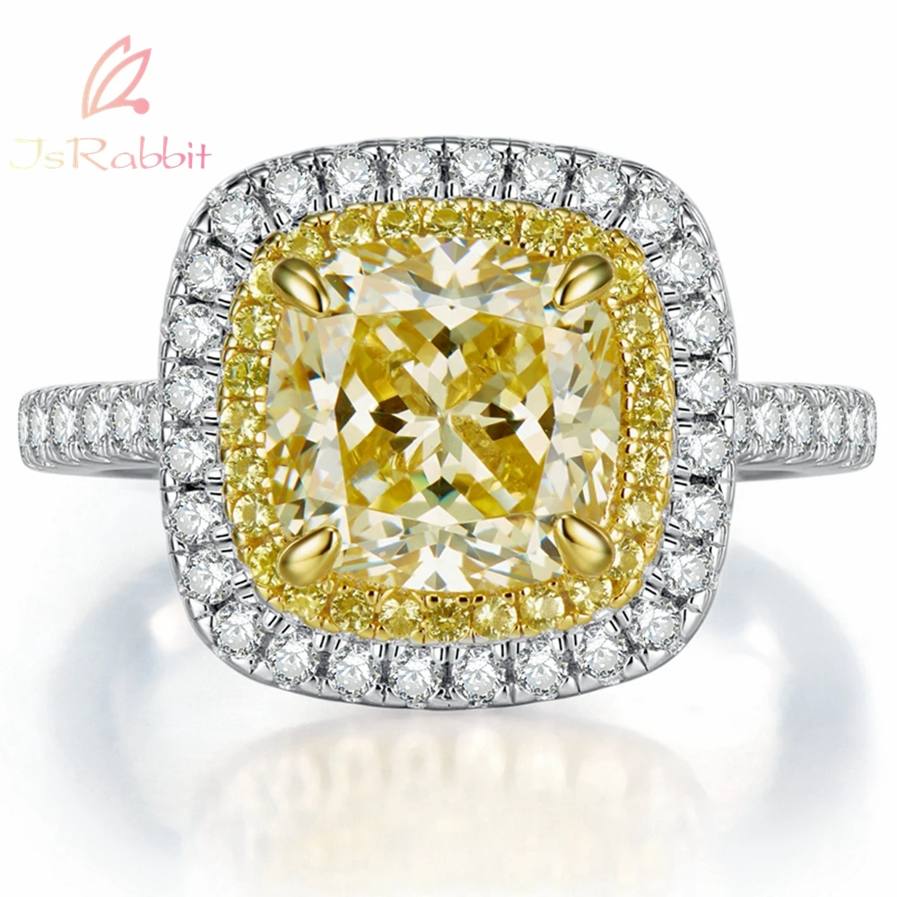 

IsRabbit 18K Gold Plated Cushion Cut 8MM Created Yellow Gem Diamond Anniversary Rings Women Silver 925 Fine Jewelry FreeShipping