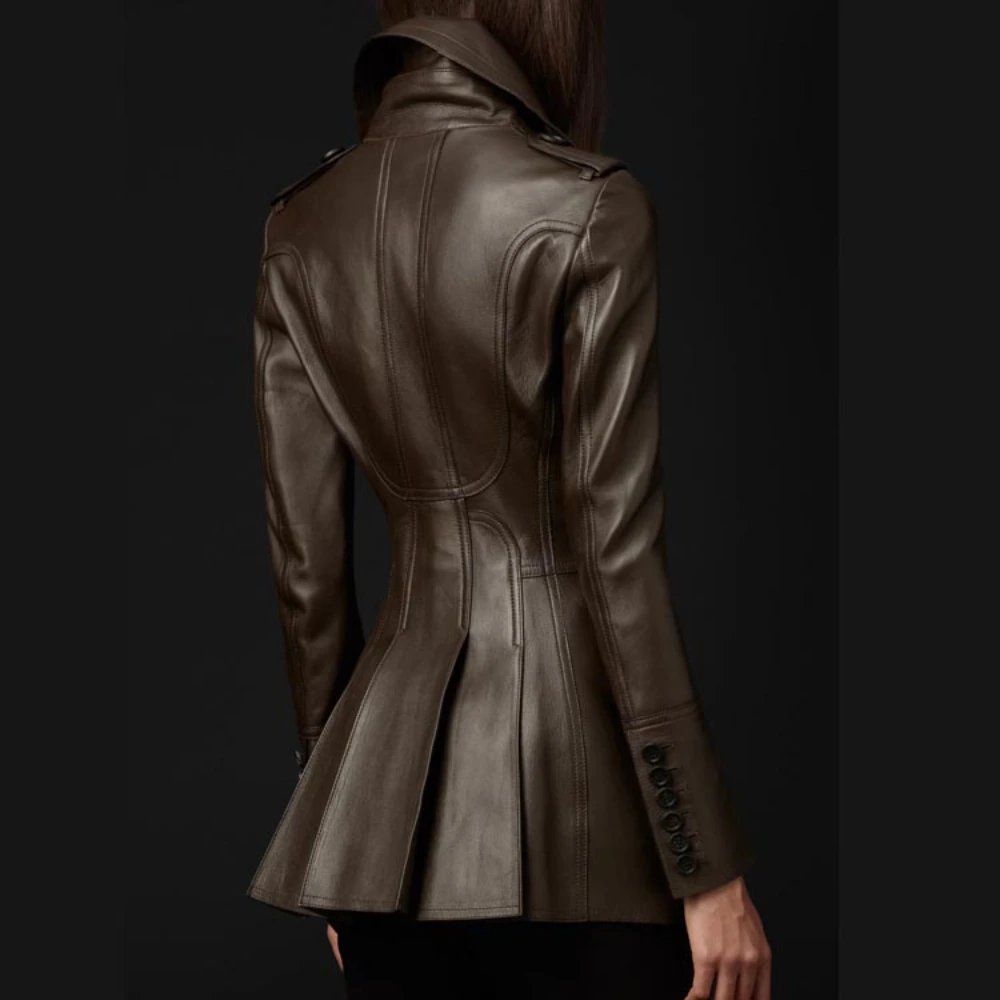 

Plus Size Double-breasted Motorcycle Long Sleeves Genuine Leather Jacket Medium Long Brown Silm Windbreaker Outwear