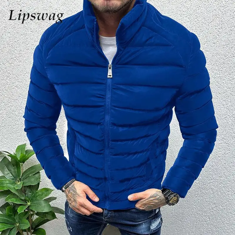 Winter Warm Men\'s Down Jacket Coat Streetwear Casual Slim Fit Stand Collar Zipper Cotton Padded Jackets Men Long Sleeve Coats