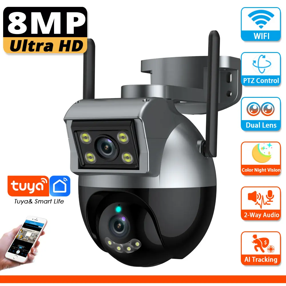 

Smart Life 8MP 4K Dual Lens WiFi Suveillance Camera PTZ Two Screens 360 Wireless Outdoor Video Camera Security CCTV Tuya App