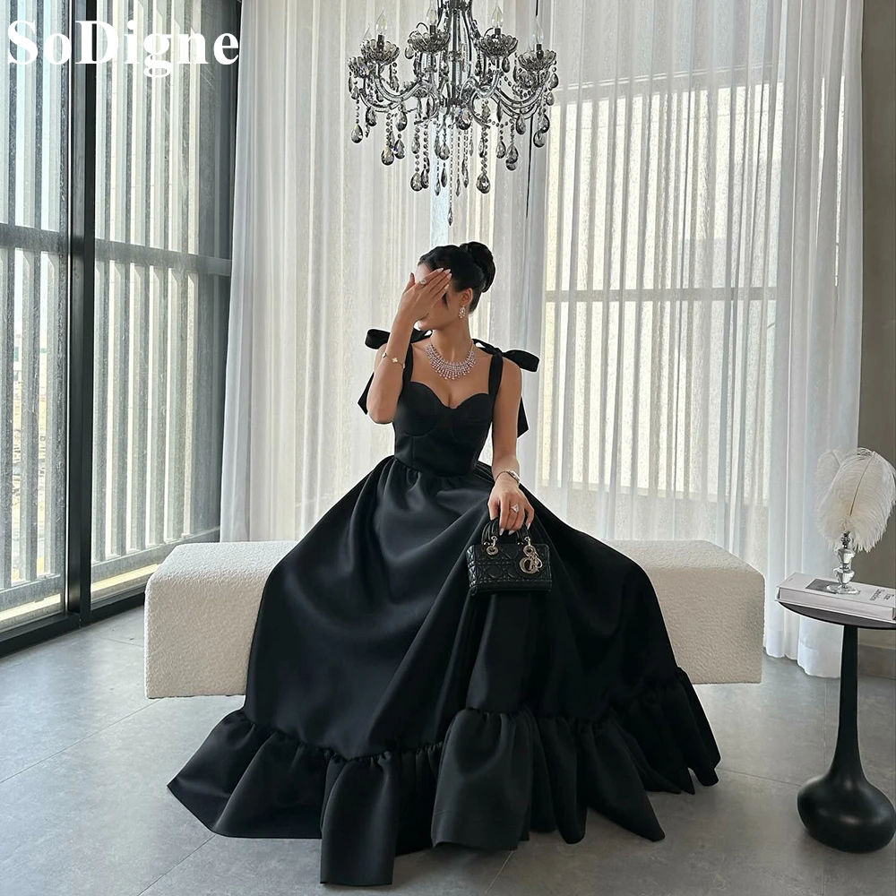 SoDigne Elegant Black Evening Dresses Sweetheart A-Line Bow Straps Ruffles Pleated Party Dress 2024 Formal Occasion Prom Gowns