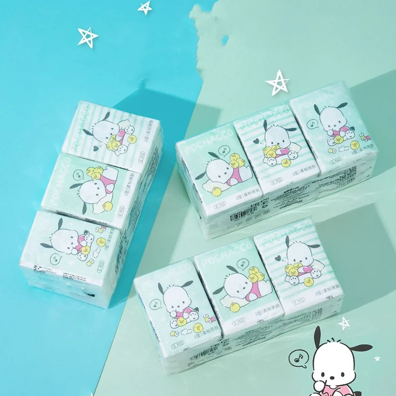 Sanrio Desenhos Animados Impresso Papel Higiênico, Hello Kitty, Pochacco Dos Desenhos Animados, Lenço Portátil, Menina Bonito, 9 Peças