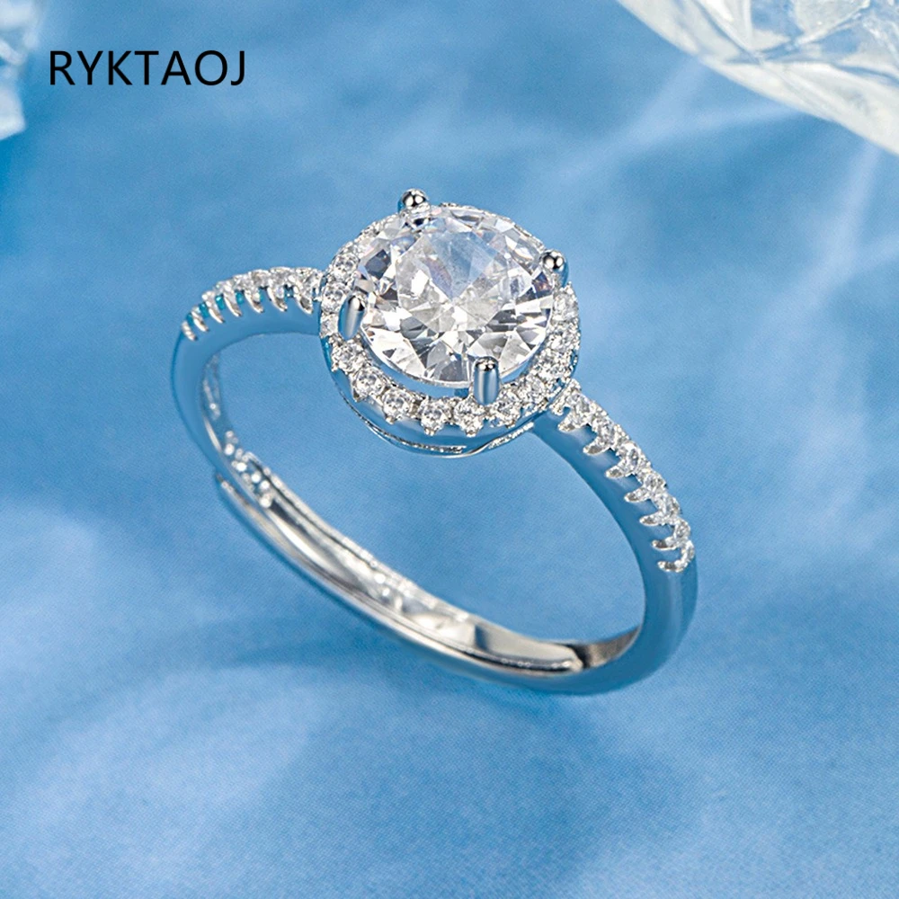 925 Sterling Silver Round Cut Cubic Zirconia Engagement Ring for Women Halo CZ Paved Band Adjustable Open Wedding Jewelry Gift