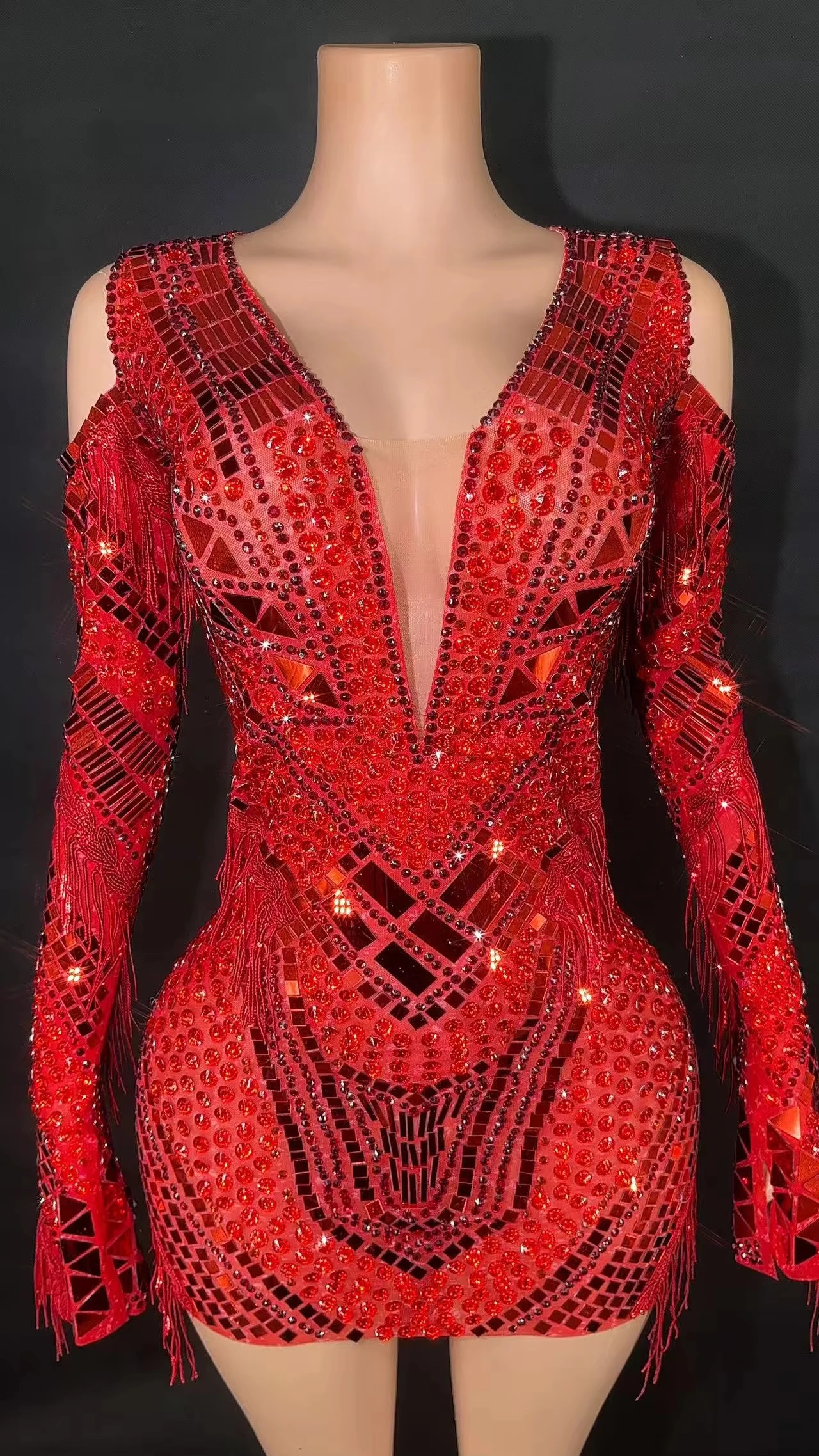

ZD Diamonds Crystal Sexy Mesh Mini V-neck Dress Women Birthday Party Celebrate Performance Costume