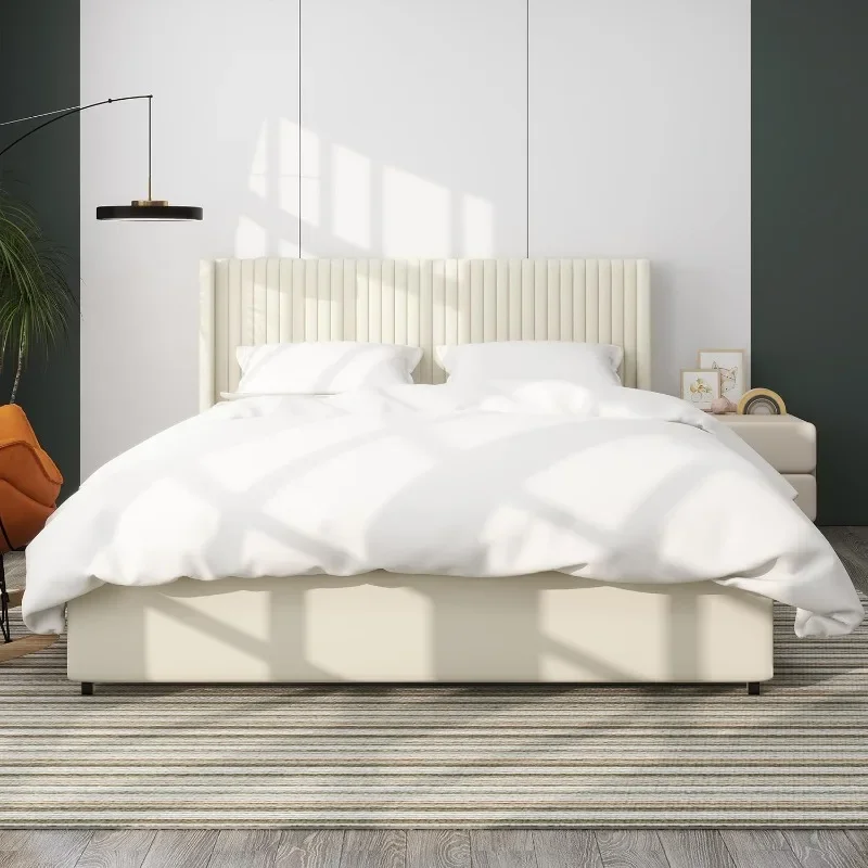 Cadre de lit à plateforme Wingback Queen Size, planche de sauna au design moderne, support de matelas à lattes en bois, velours ivoire, 2 wers de proximité