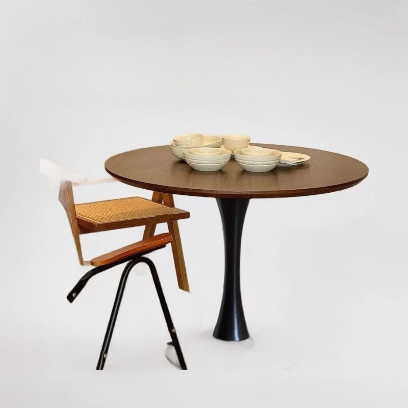 

Retro walnut round solid wood round table, household small apartment dining table