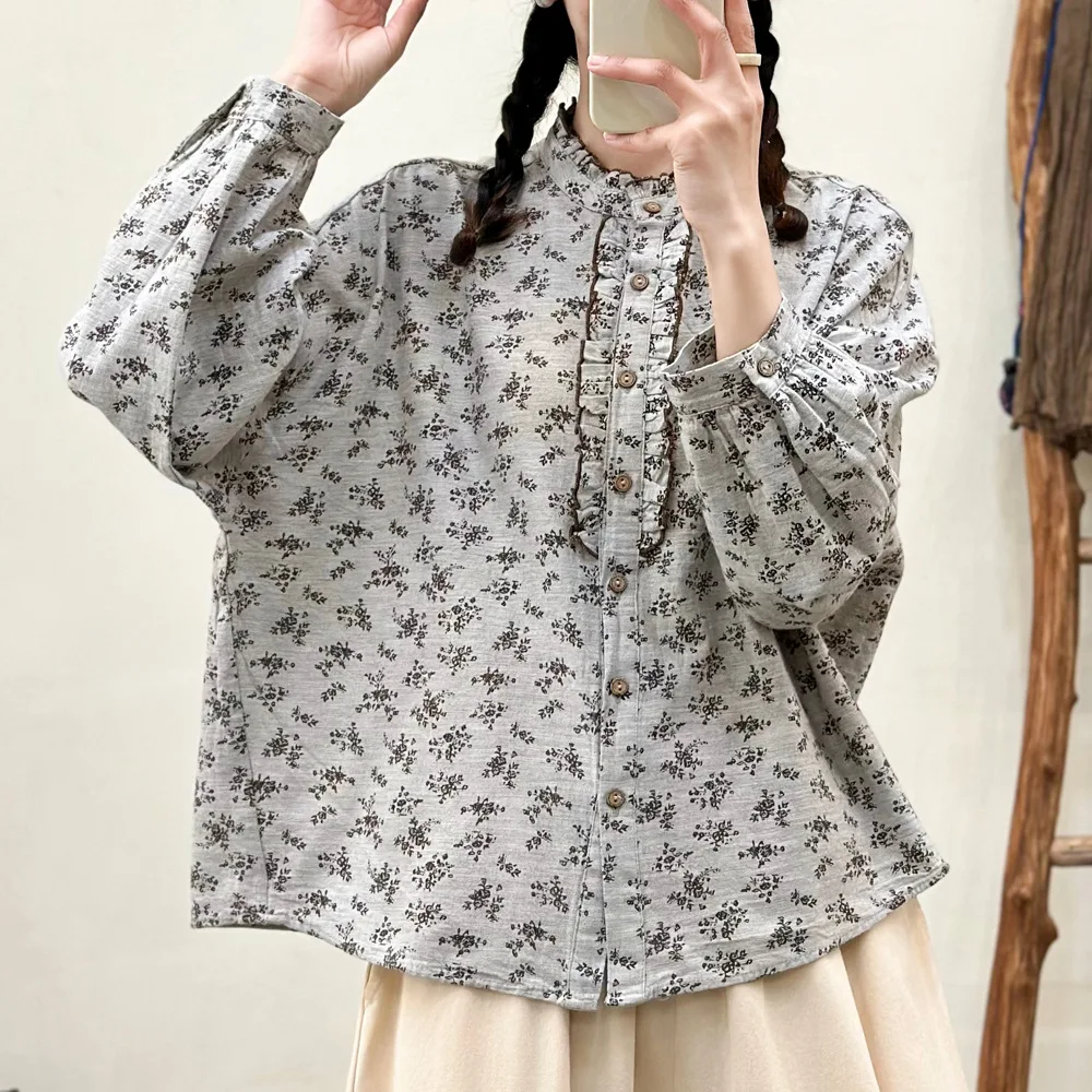 

Japanese Vintage Mori Girl Floral Printed Cotton Yarn Shirts Women Spring New Stand Collar Long Sleeve Casual Loose Blouse Tops