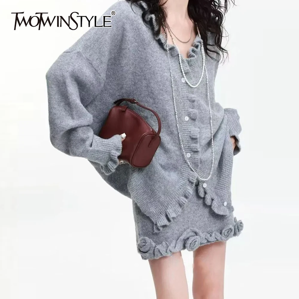 

TWOTWINSTYLE Серый комплект из двух предметов со сращенными складками, женский свитер с v-образным вырезом и длинными рукавами, базовый повседневный женский комплект брюк, осенняя мода