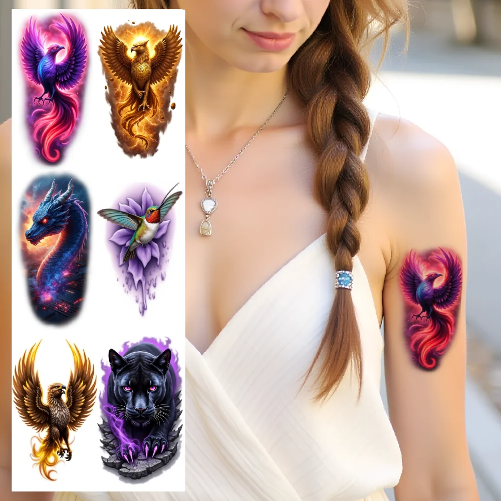 

9pcs Temporary Tattoo Eagle Realistic Temporary Tattoos Wolf Peacock Waterproof Long-lasting Body Stickers Phoenix For Women