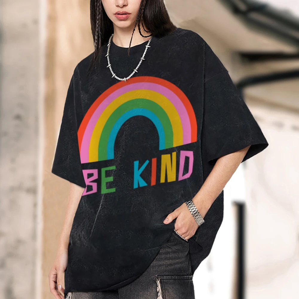 Color Rainbow Print T-Shirt Retro High Gram Weight Washed Denim Round Neck Neutral Wind Shoulder Down Trend New Short Sleeves