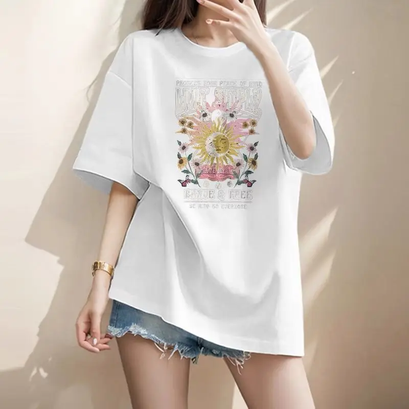 Women Clothing Fashion Hand-Painted Print Y2k T-shirt Summer Pure Cotton O-neck Short Sleeve Basic Top Tee Casual Loose Pullover