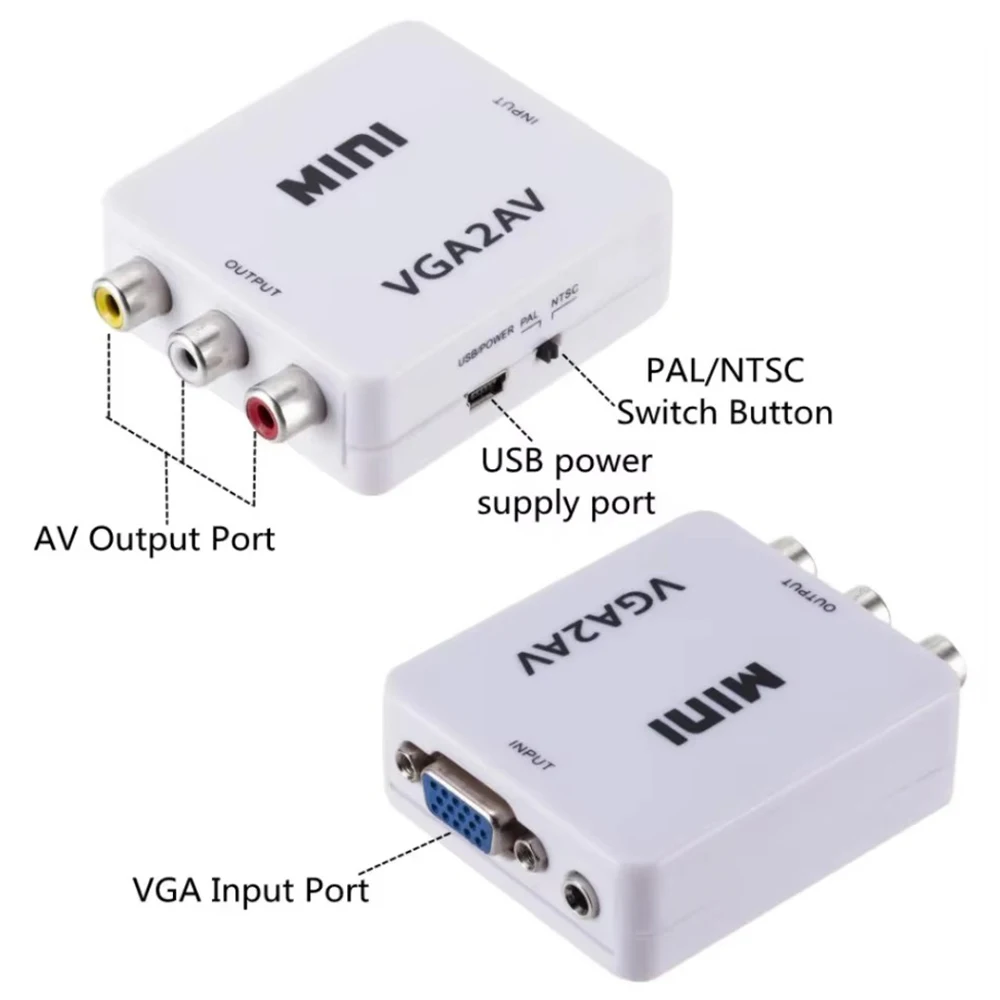 1080P VGA2AV Video Convertor Mini HD VGA to AV Converter with 3.5mm Audio Cable VGA to RCA Video Converter Plug and play