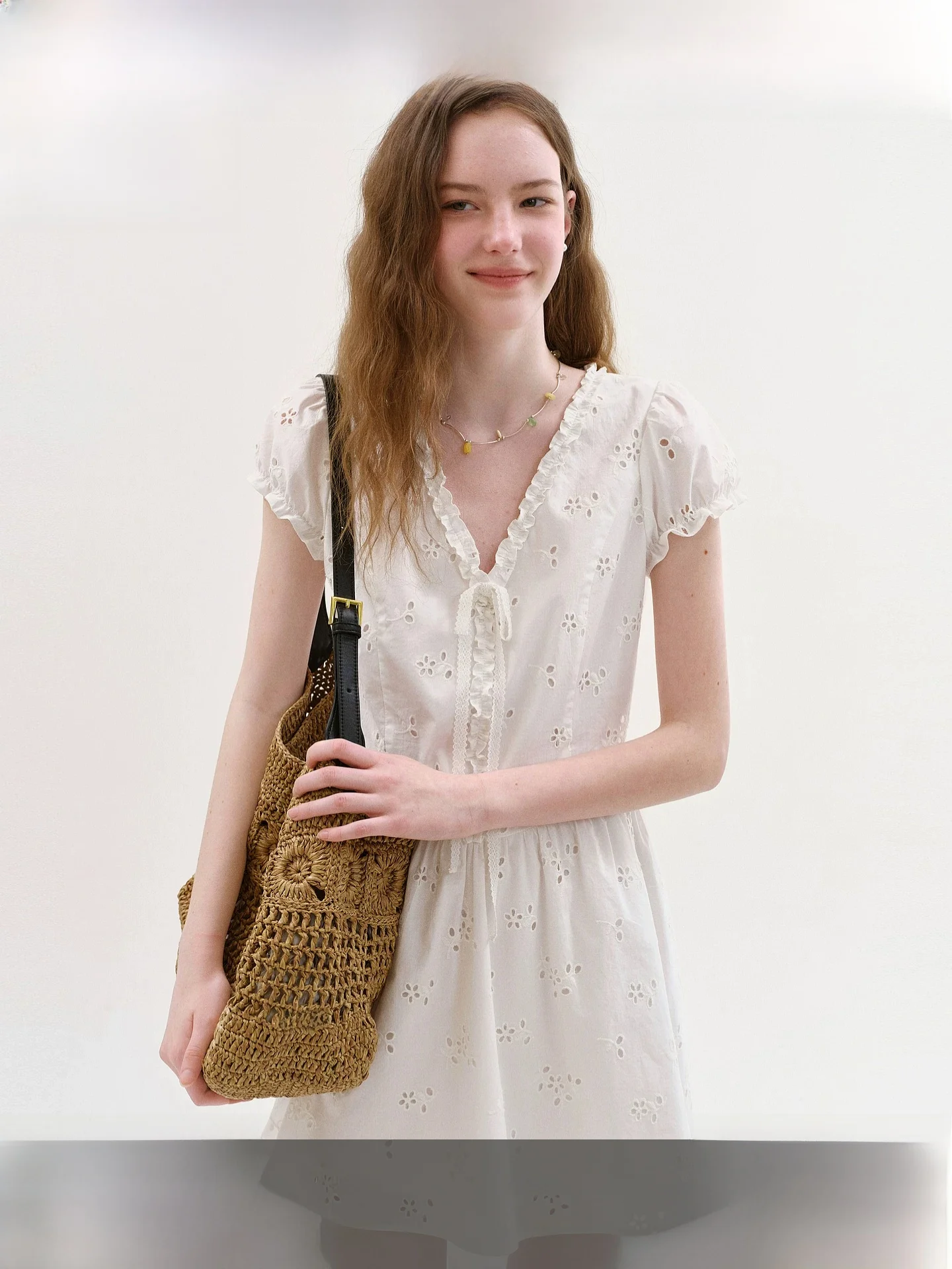 

Fano 100% Cotton V-neck Dress Women's Summer Bubble Sleeve Airy Feel Short Skirt Casual Loose Fit A-line Silhouette Dress