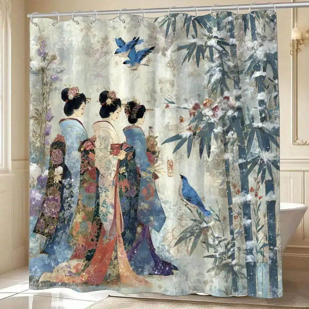 

Elegant Chinese Watercolor Art Panel Bathroom Shower Curtain Polyester Waterproof Asian Style Bamboo Decoration Curtain