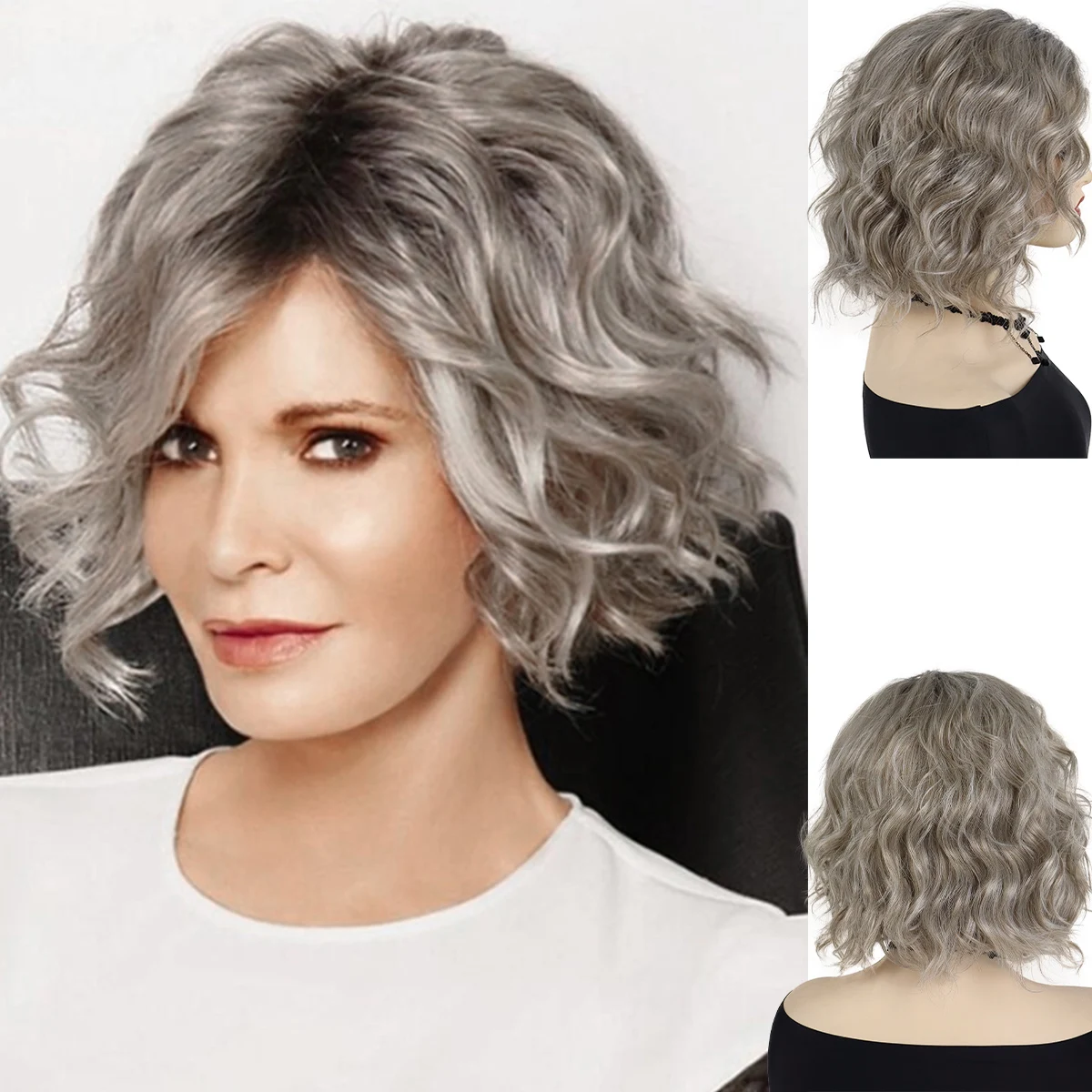 

GNIMEGIL Synthetic Hair Ombre Gray Wigs for Women Medium Length Wave Wig with Black Roots Mommy Wig Natural Hairstyles Curly Wig