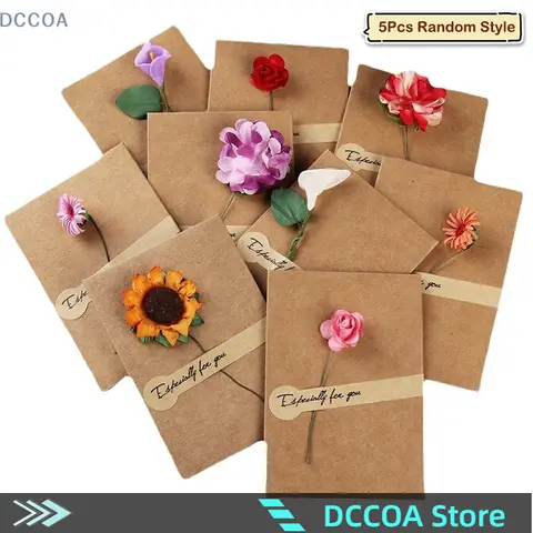5Pcs 필기 졸업 감사합니다 축복 메시지 카드 빈티지 크래프트 종이 말린 꽃 인사말 카드 DIY 인사말 카드