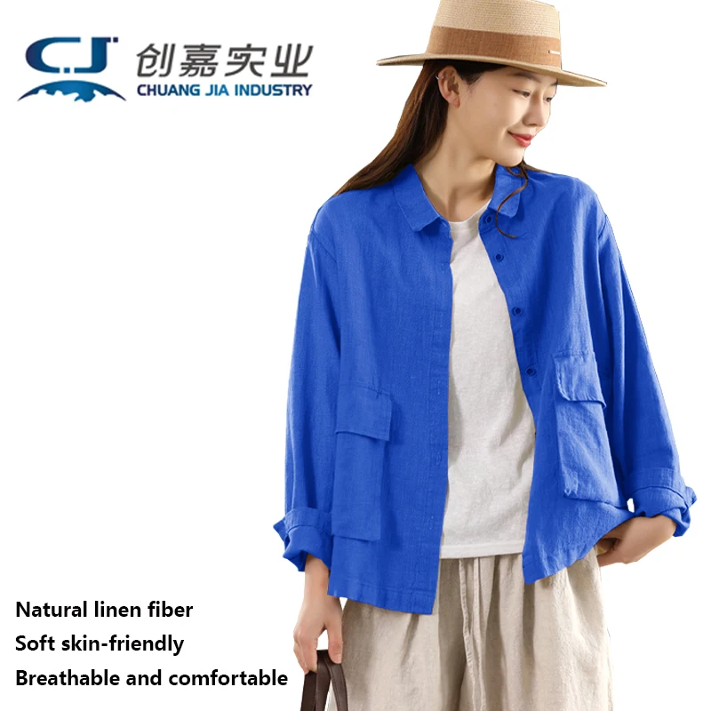 

Natural Pure Linen Women's Shirt, Dark Green Long-sleeved Top, Outdoor Holiday Casual, Comfortable, Cool and High-end Clothing