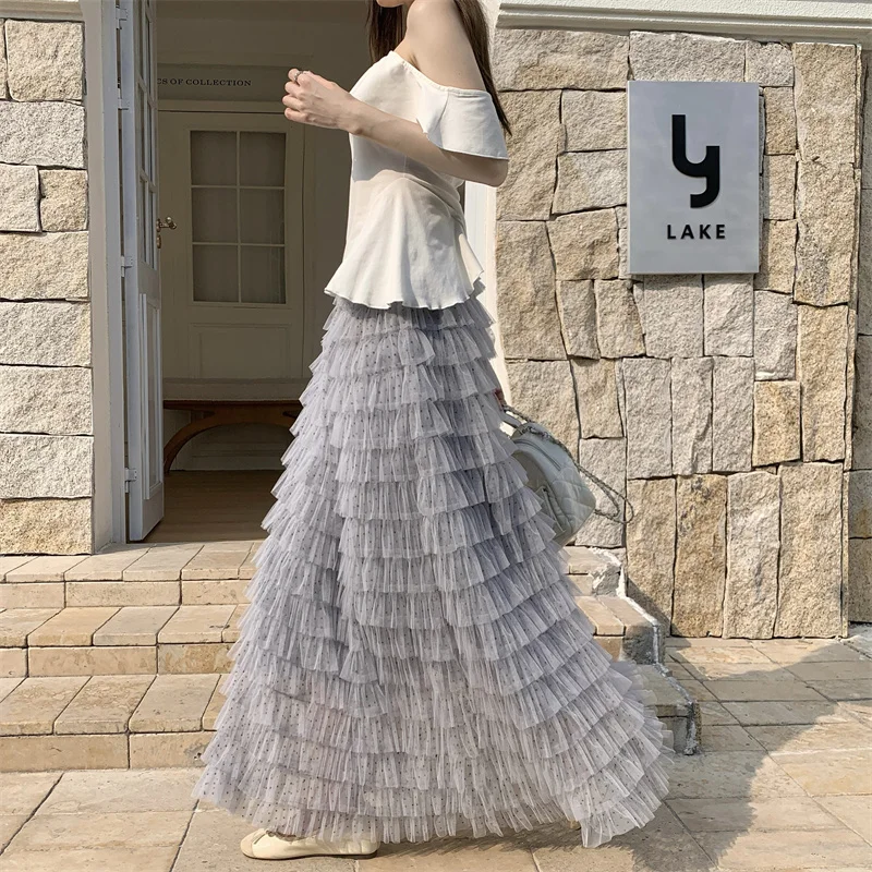 

Пышная юбка миди из тюля в горошек с декоративными элементами, с завышенной талией, А-силуэт, с подкладкой, для женщин