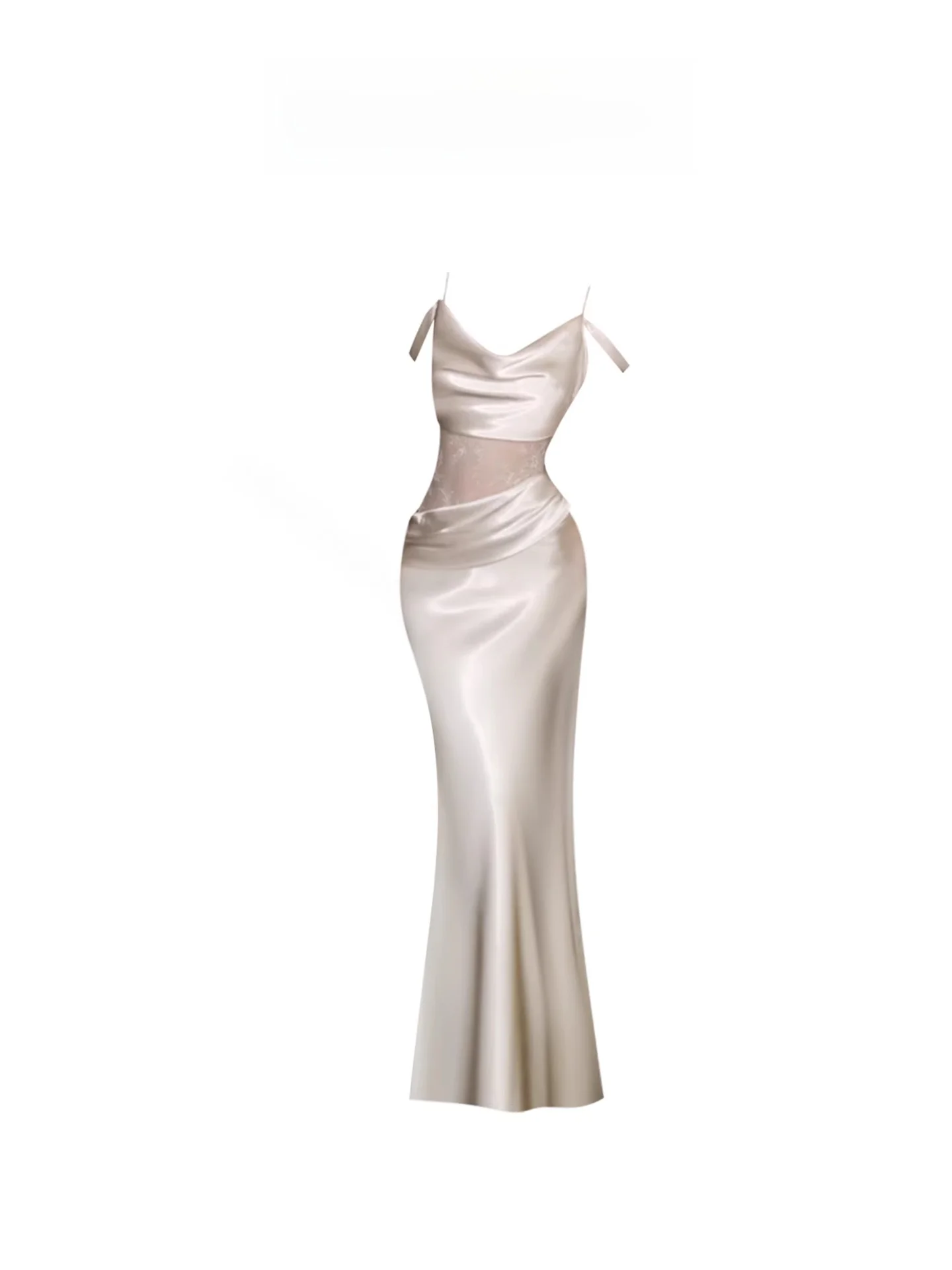 

HEZA Lace Splice Strapless Gown Women's Elegant Satin Long Dress French Style Slim Fit Summer Dress for Ladies 18-24 Years Old