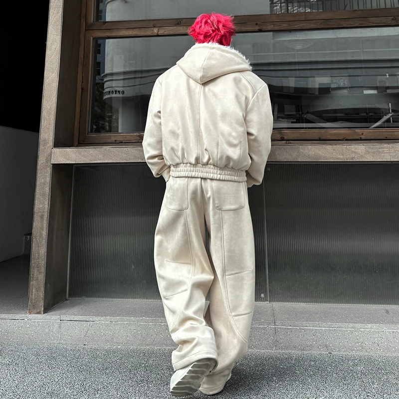 LUZHEN 2025 الشتاء أنيق وسيم قطعتين مجموعات الرجال فو الفراء بطانة الدافئة مقنعين معطف مبطّن بلون سراويل تقليدية JY5246