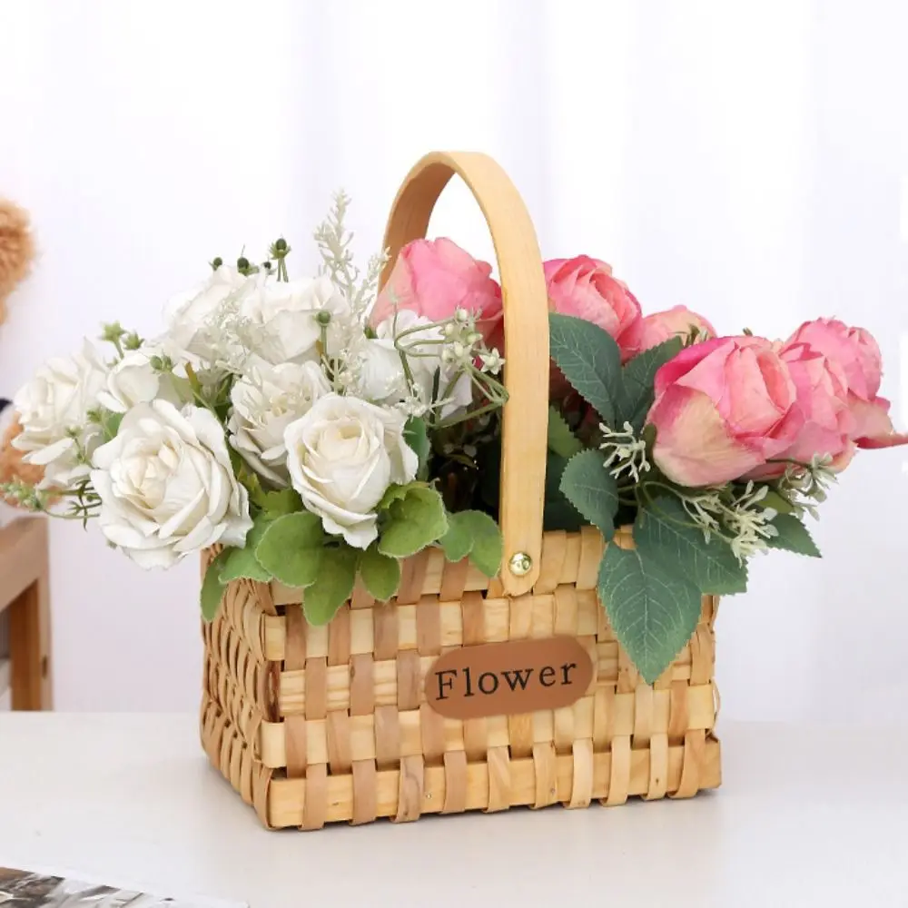 

Rustic Style Handwoven Flower Basket with Handle Handmade Organizer Basket Serving Basket Picnic Basket Flower Arrangement