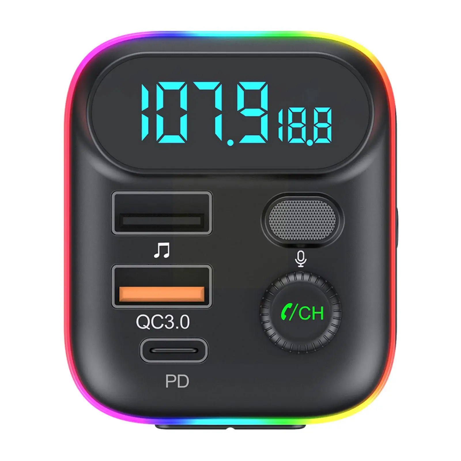 Car Fast Charge Bluetooth 5.0 FM Transmitter PD Dual Player Music Type-C Colorful Ambient MP3 Light Cigarette Lighter USB C0E3