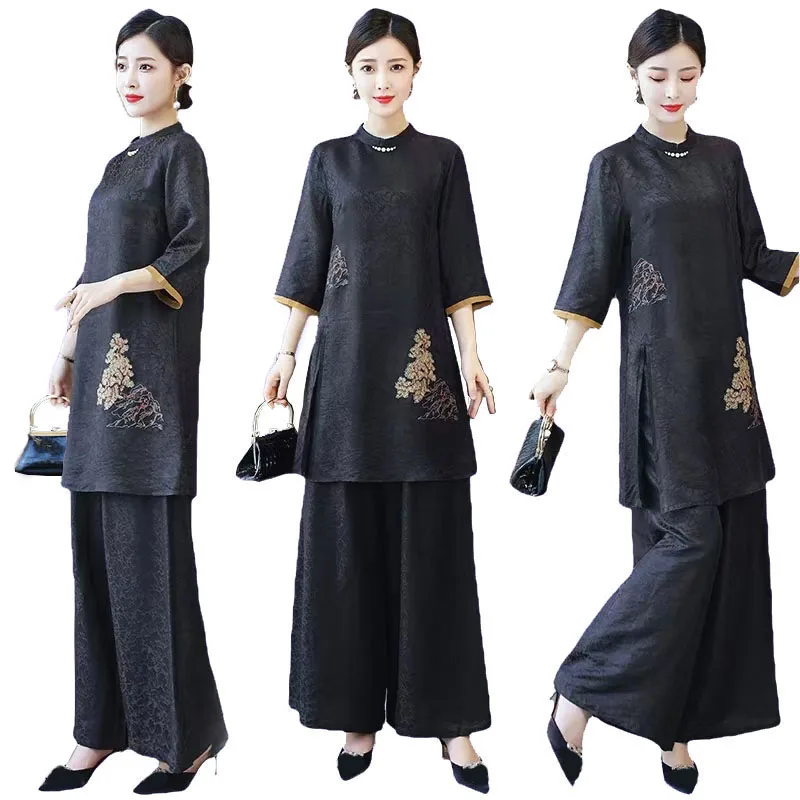 Elegant Asian costume Traditional Chinese Clothing Women Top Pant sets black tang Suit embroidered women outfits