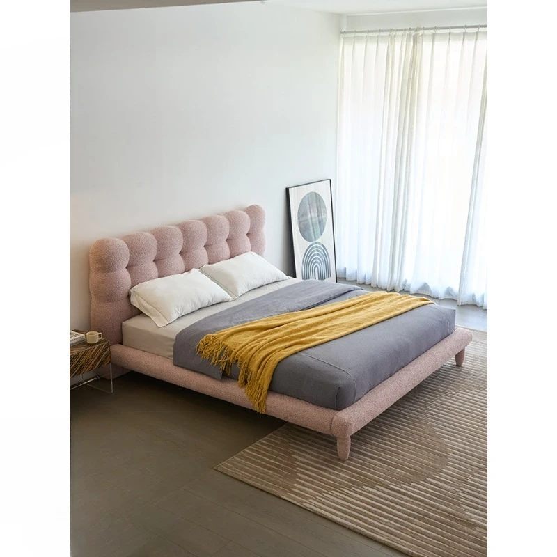Bubble bed girl bedroom double bed French cream wind girl pink fabric bed