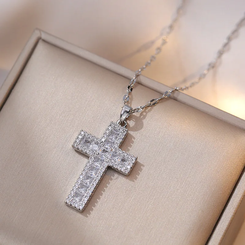 Stainless Steel Sparking Women Cross Necklaces, Gold Color Metal Cross Pendant, Bling CZ Stones Christ Religious Prayer Collar