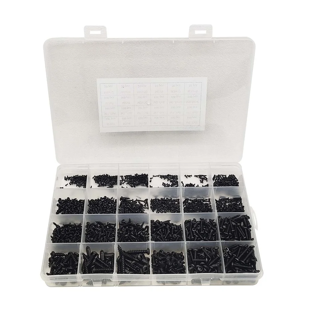 2010pcs Boxed Black Round Head 1MM‑4MM Mixed Sizes Assortment Kit Self-Tapping Screw Pan Head Wood Screw Set Assortment Kit