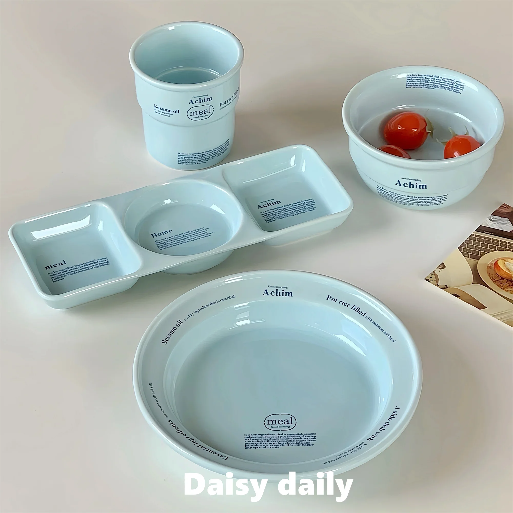 High-End Ceramic Breakfast Plate Pasta Bowl Coffee Cup Salad Bowl Set Simple Lettering Korean Style Deep Dish Dinnerware