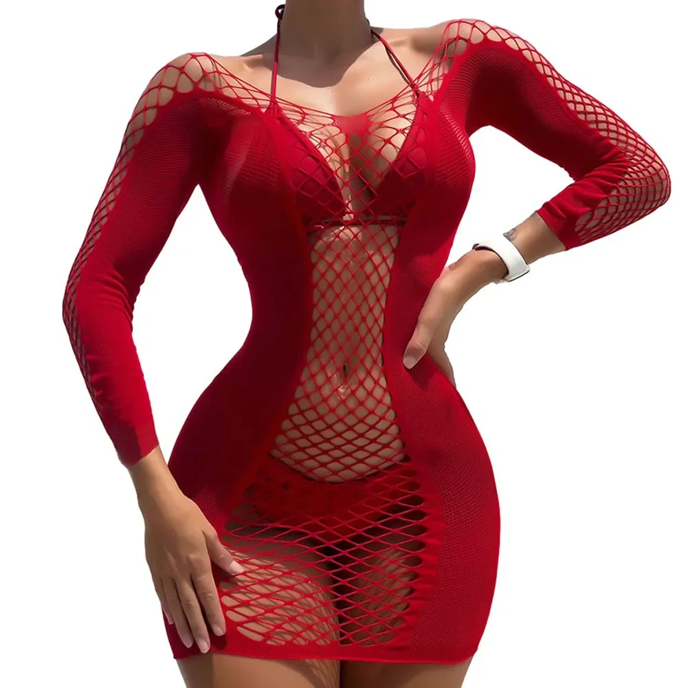 Sexy Women Elastic Lingerie Bodystocking Fishnet Hollow Dress Bodysuit Nightwear Bikini Cover Up Night Club Fantasy Erotic Wear