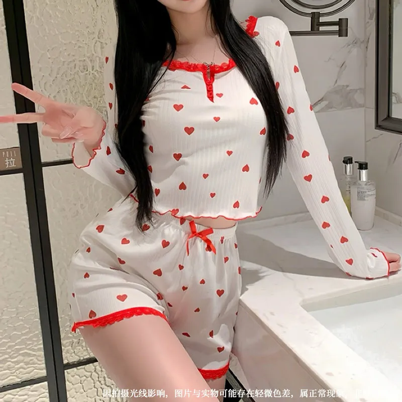 2025 New Romantic Print Pajama Set Women Long Sleeve Bow Detail Brushed Fleece Loungewear Cozy Home Outfit Valentine Sleepwear