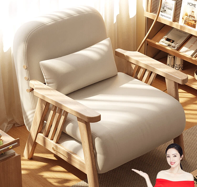 Foldable dual-purpose sofa bed made entirely of white wax solid wood