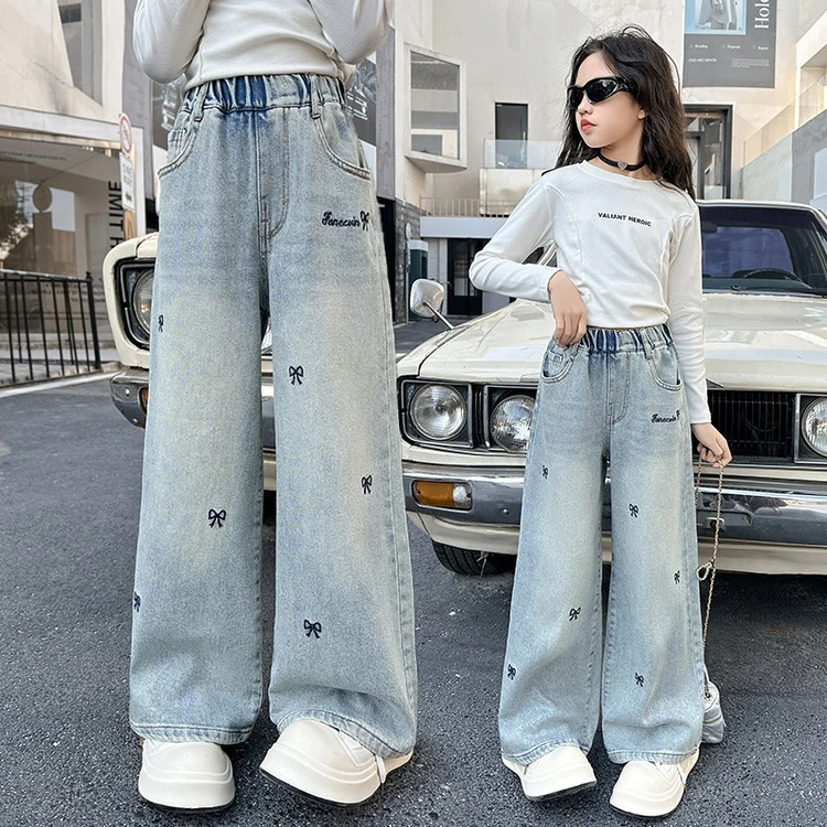 5-14 Jahre Frühling Herbst Mädchen-Jeans, modische Retro- und Vintage-Hose mit fünfzackigem Sternmuster und Stickerei, weit geschnittene Hose für Teenager-Mädchen