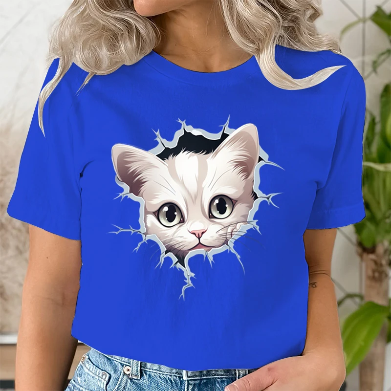 Cute Cat Torn Cloth Essential Summer T-shirts Women Kawaii Cartoon Cat Lover Gift T-shirt Cat Looking Through Wall Print Tshirt