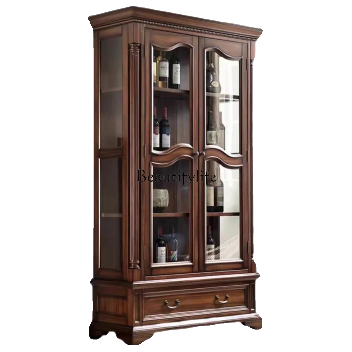 American all-solid wood double-door wine cabinet household living room wall glass door display cabinet