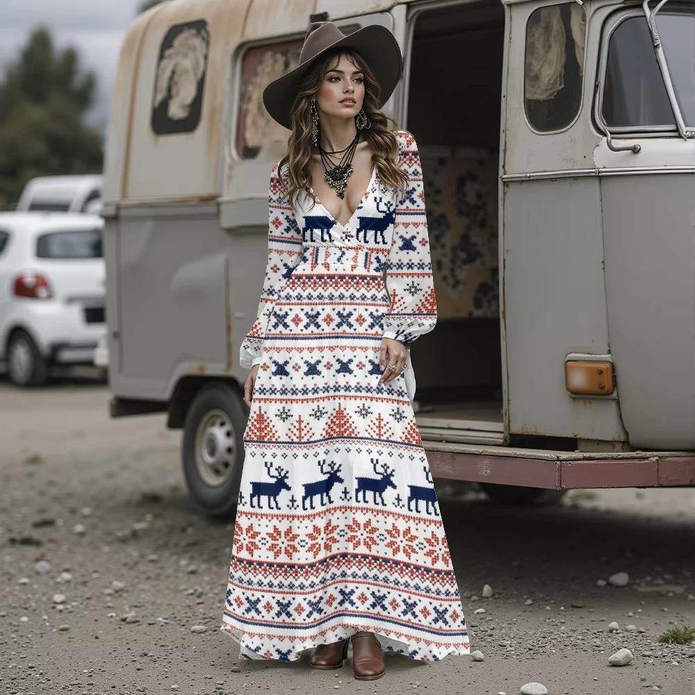 فستان نسائي وردي مطبوع عليه حيوان الرنة وندفة الثلج فستان عيد الميلاد القبيح أنيق ومثير عميق على شكل حرف v فستان ماكسي بوهو لحفلات العطلات #3